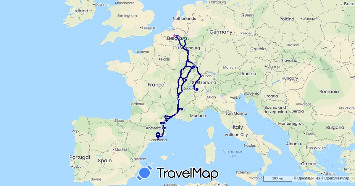TravelMap itinerary: driving, bus, train in Belgium, Switzerland, Spain, France (Europe)