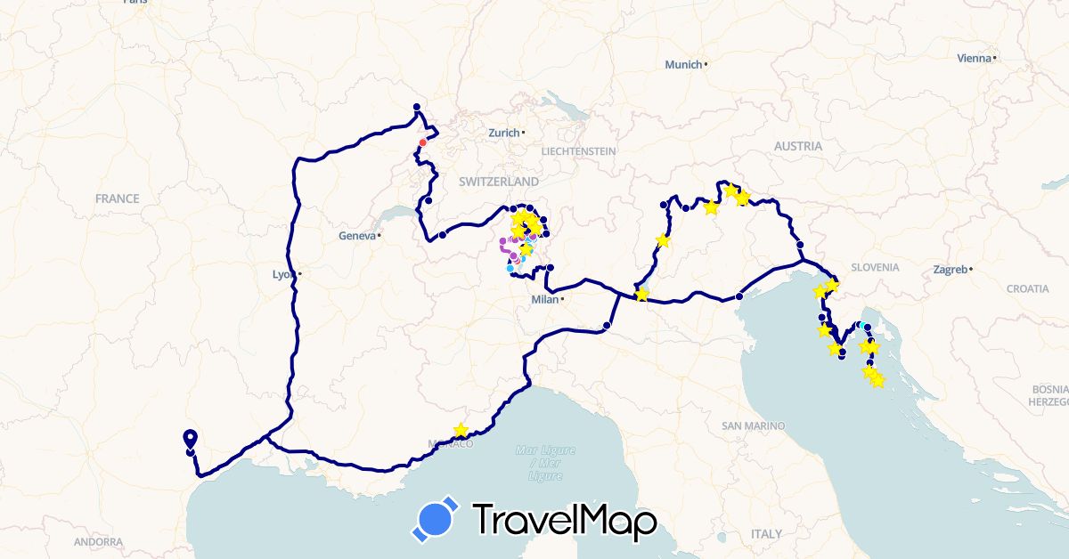 TravelMap itinerary: driving, bus, train, hiking, boat, funiculaire, car ferry, paddle in Switzerland, France, Croatia, Italy, Slovenia (Europe)