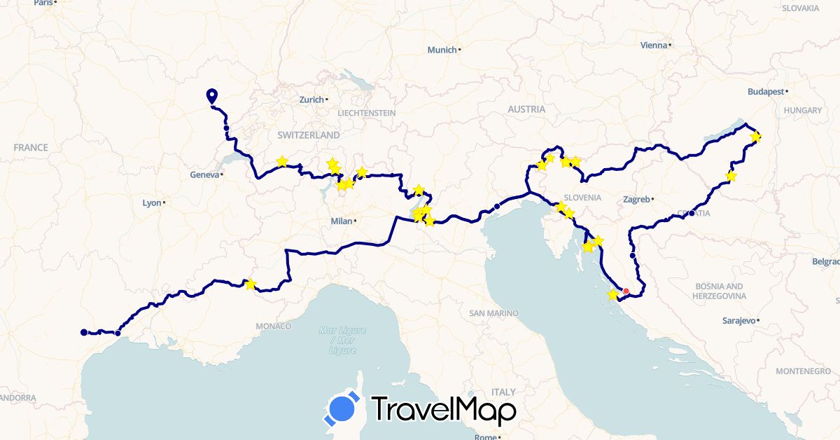 TravelMap itinerary: driving, hiking in Switzerland, France, Croatia, Hungary, Italy, Slovenia (Europe)