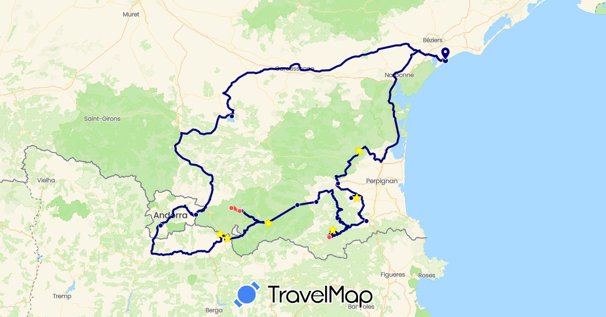 TravelMap itinerary: driving, hiking in Andorra, Spain, France (Europe)