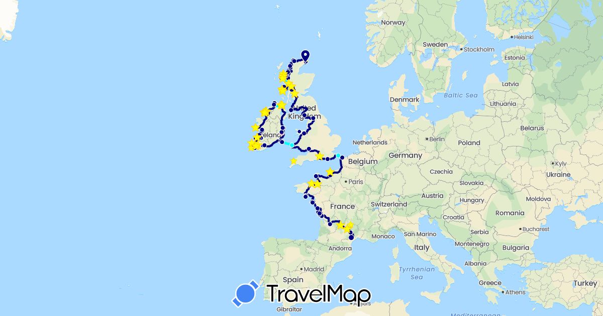 TravelMap itinerary: driving, hiking, boat, car ferry in France, United Kingdom, Ireland (Europe)