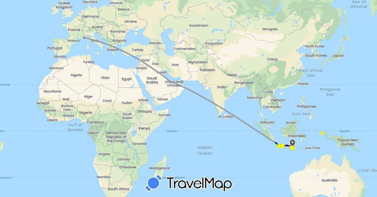 TravelMap itinerary: driving, bus, plane, hiking, boat, motorbike, canöé in France, Indonesia, Qatar (Asia, Europe)